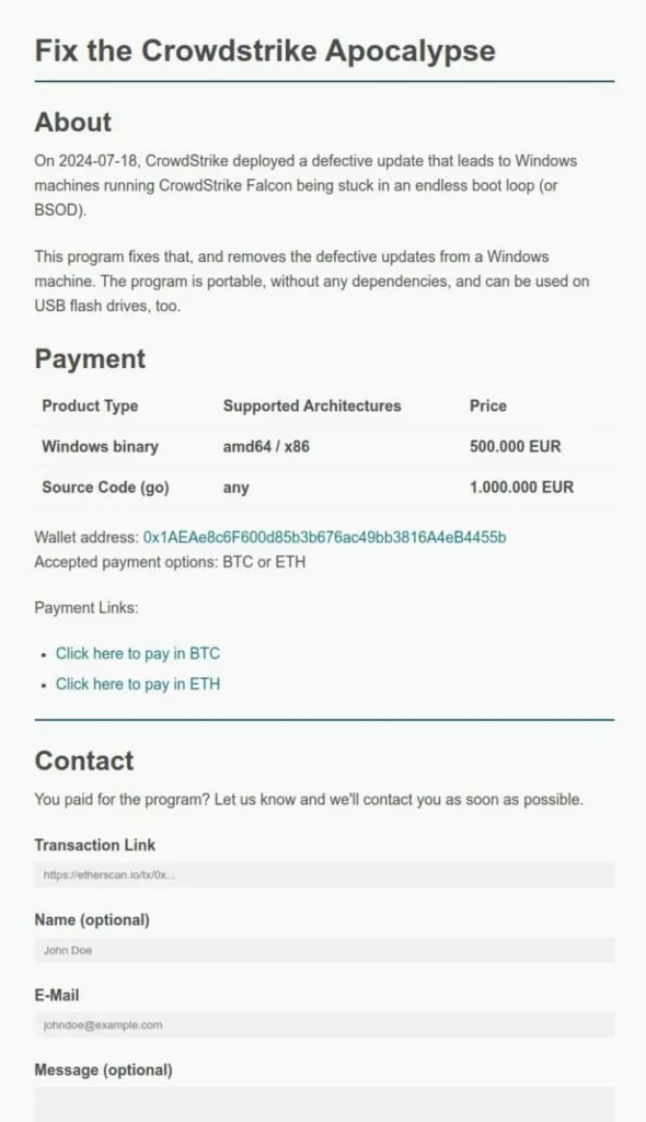 نمونه‌ای از ایمیل‌های فیشینگ مربوط به اختلال CrowdStrike