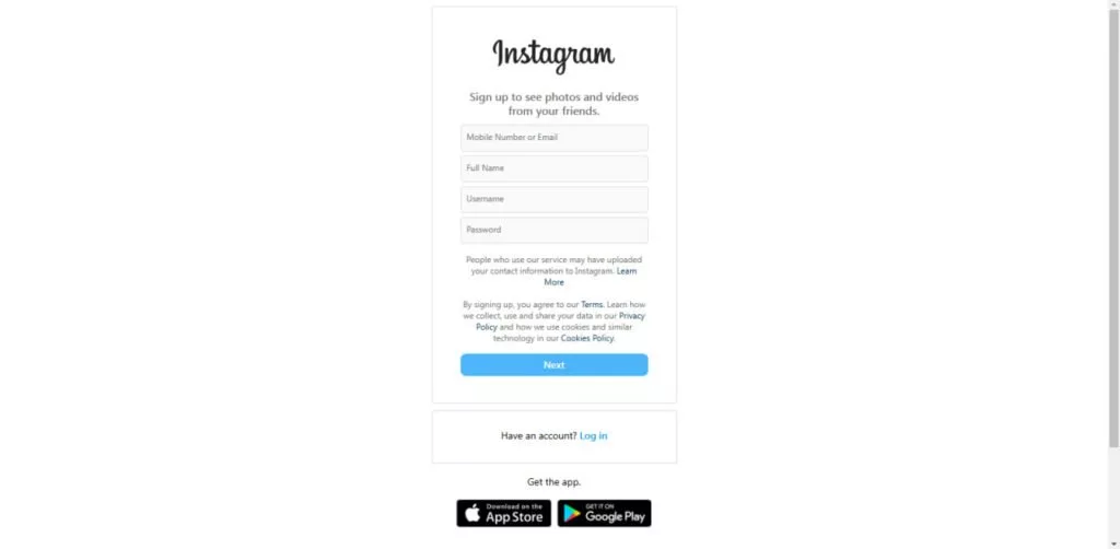 وارد کردن اطلاعات برای ساخت اکانت در سایت اینستاگرام