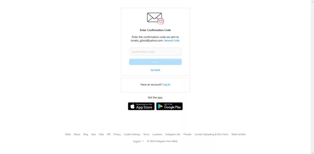 وارد کردن کد تایید ساخت حساب کاربری در اینستاگرام