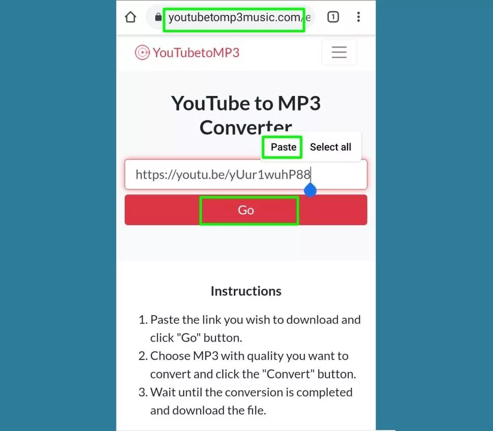 وب‌سایت YouTube to MP3 Downloader را روی گوشی باز کنید