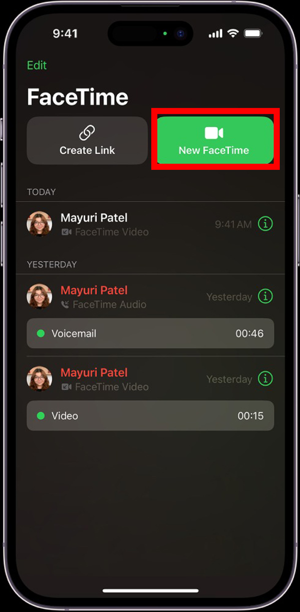 پس از باز کردن اپلیکیشن Facetime از قسمت بالا سمت راست روی دکمه New FaceTime ضربه بزنید.