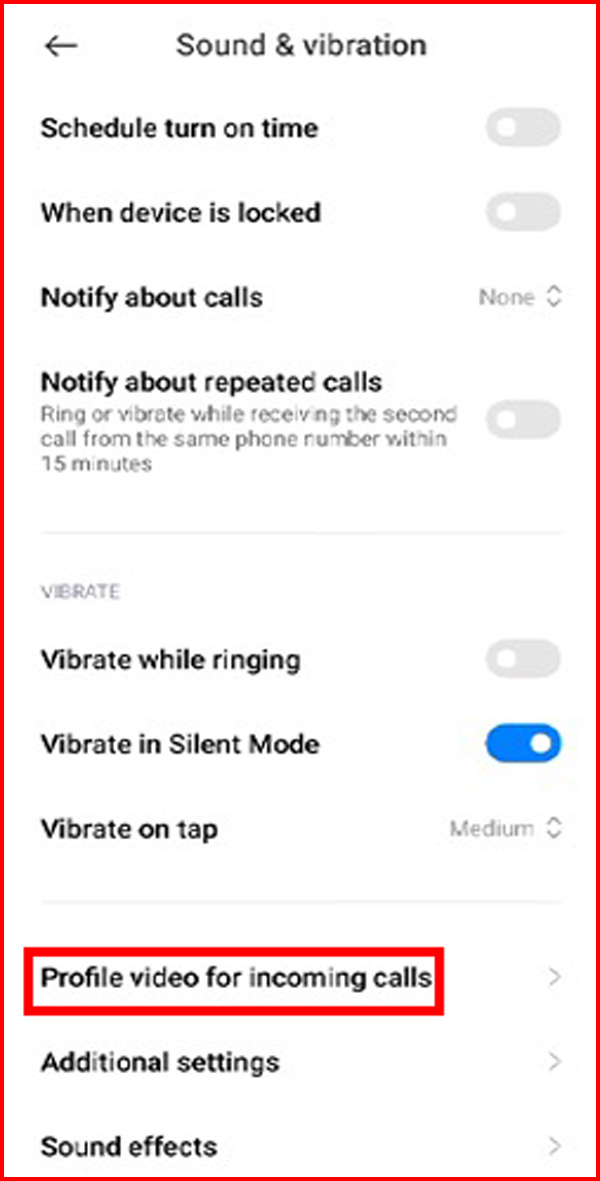 گزینه Profile video for incoming call