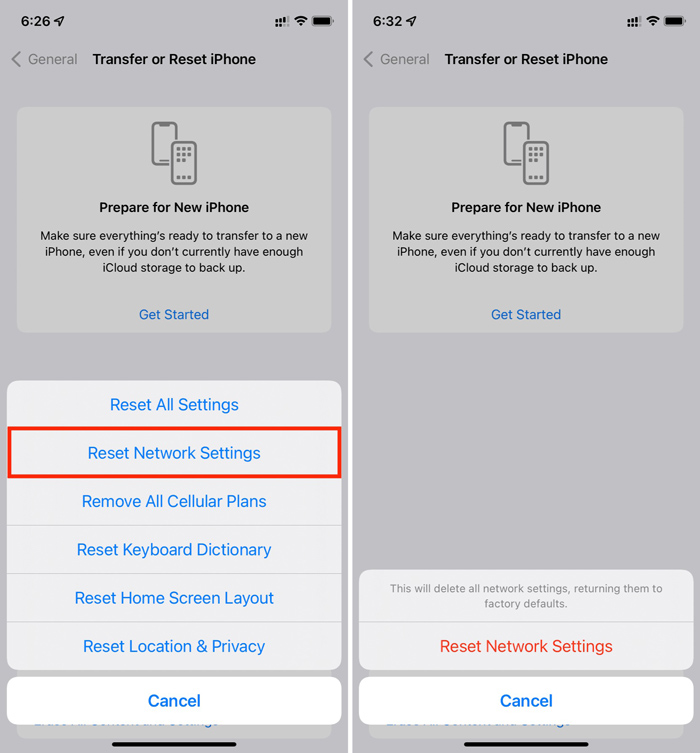 گزینه Reset network در آیفون